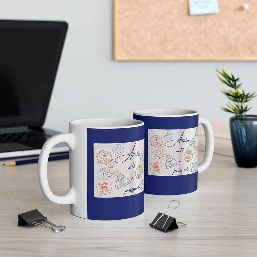 "Auntie With a Passport" Ceramic Mug — Coffee Mug (11oz)