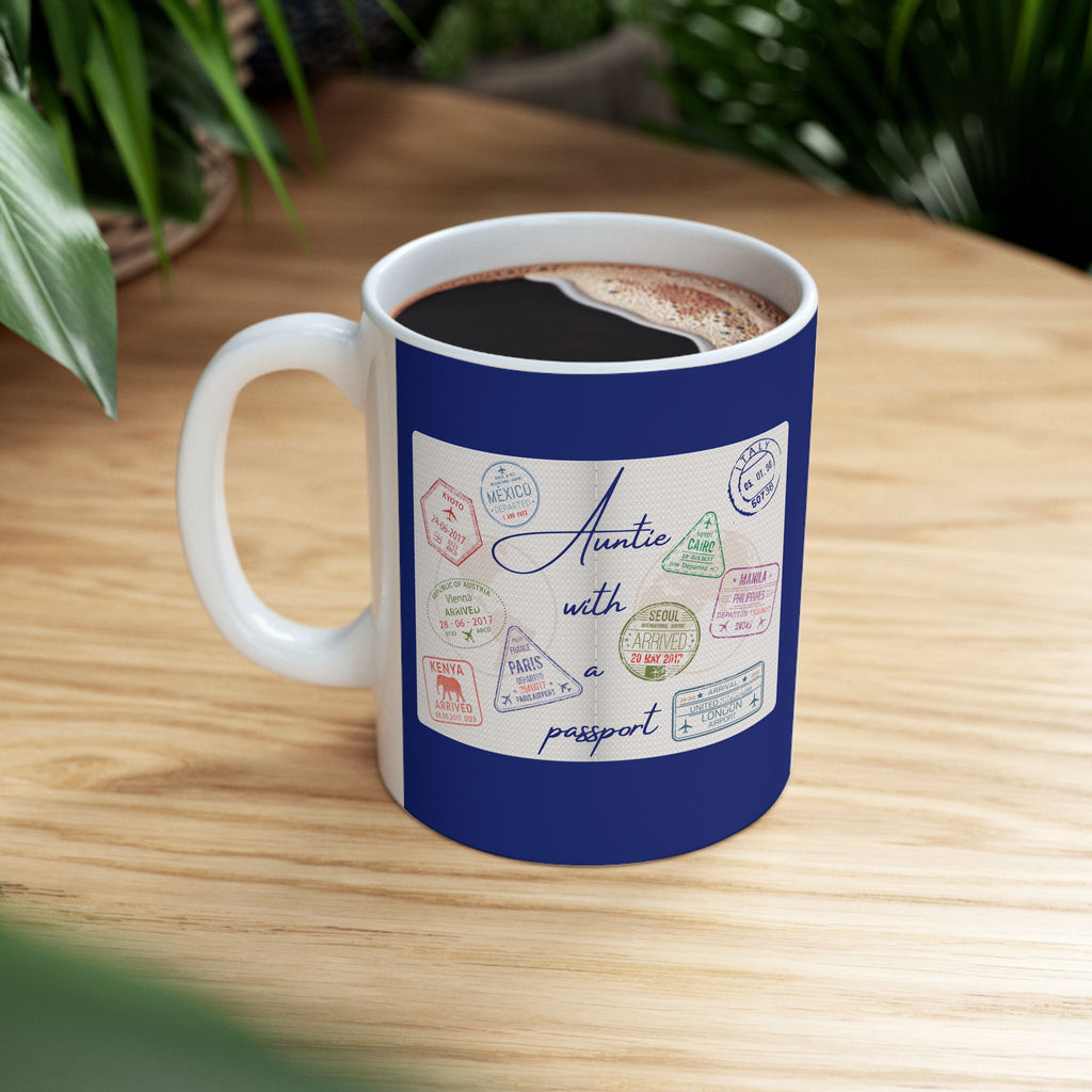 "Auntie With a Passport" Ceramic Mug — Coffee Mug (11oz)
