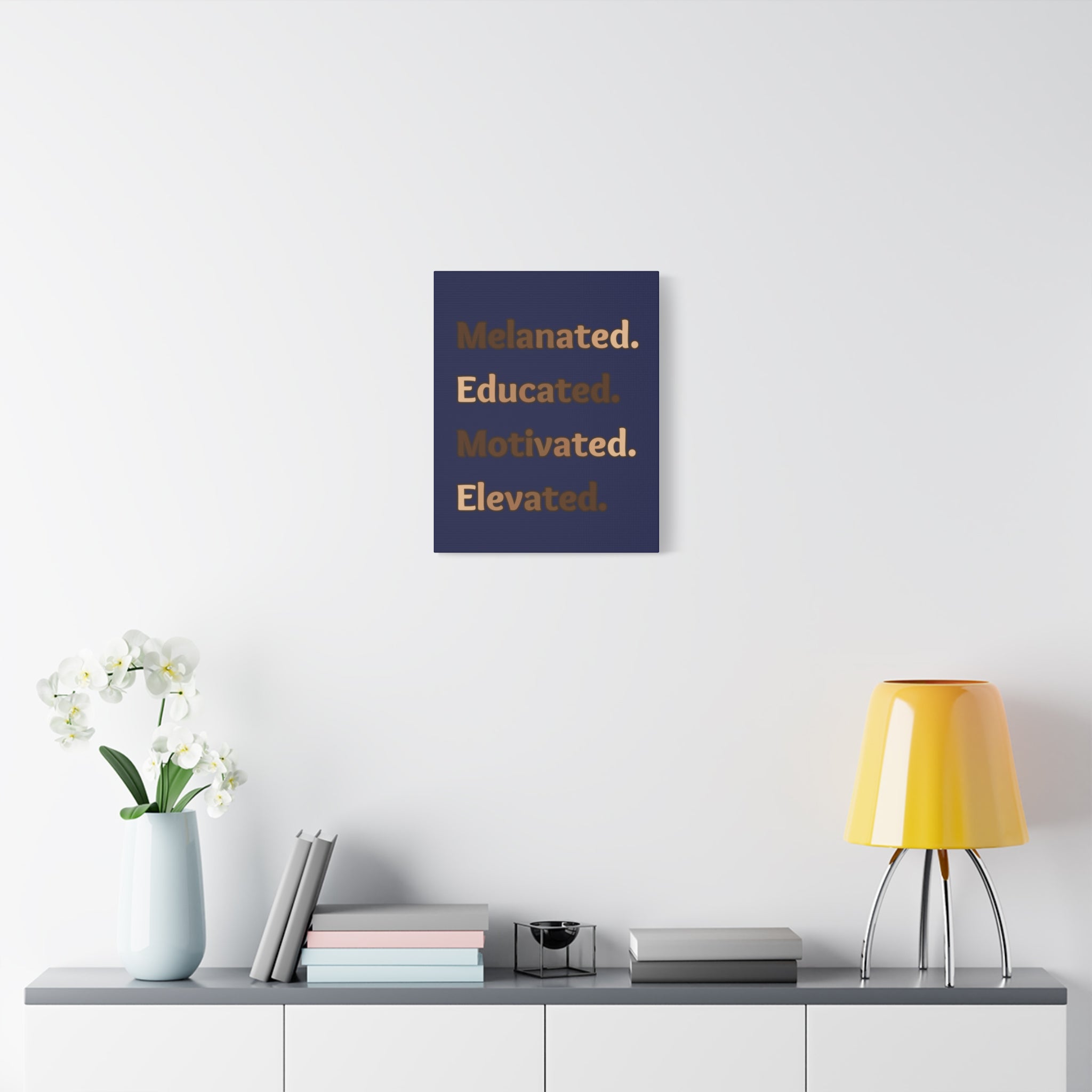 Melanated. Educated. Motivated. Elevated. (Dark Blue) — Matte Stretched Wall Art